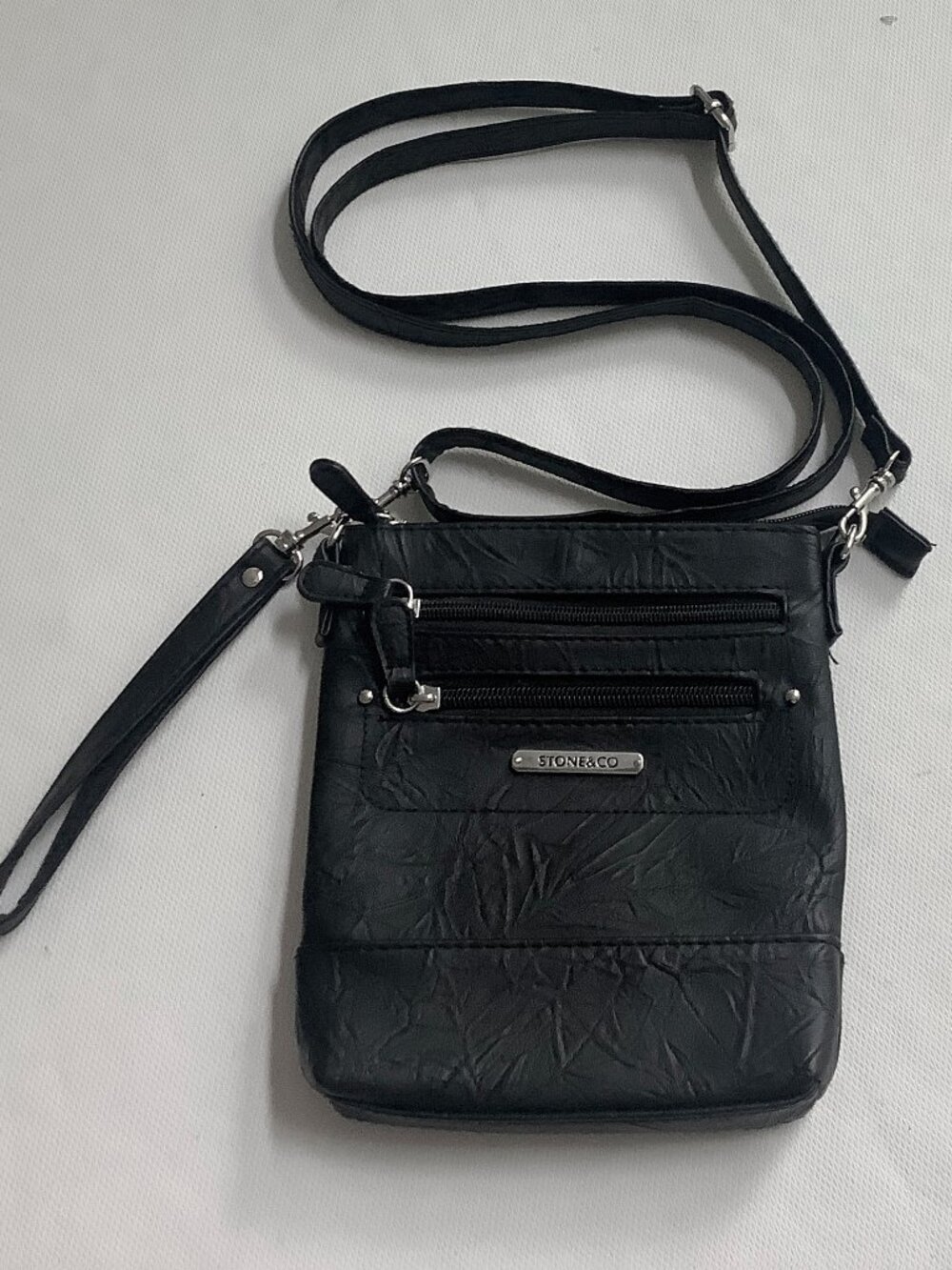 Small Stone & Co Black Crossbody Bag Faux Leather 8" x. 7"  Minimalist Bag